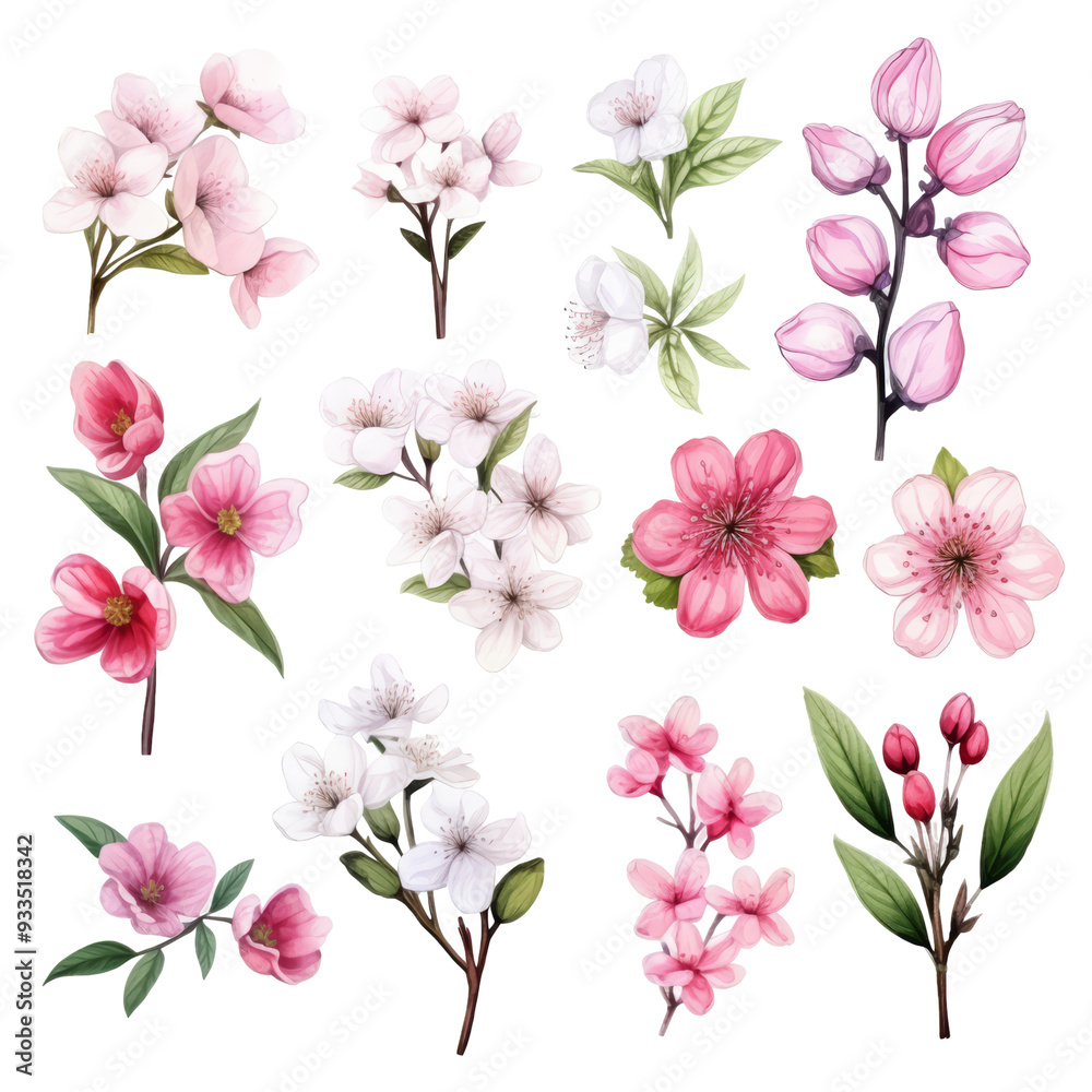 Collection of pink and white cherry blossoms in various stages of bloom, isolated on white background. Collection of pink and white cherry blossoms in various stages of bloom, isolated on white background.