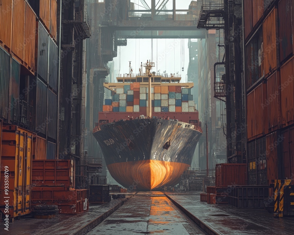 shipyard, massive container ships surrounded by vibrant crates, steel ...