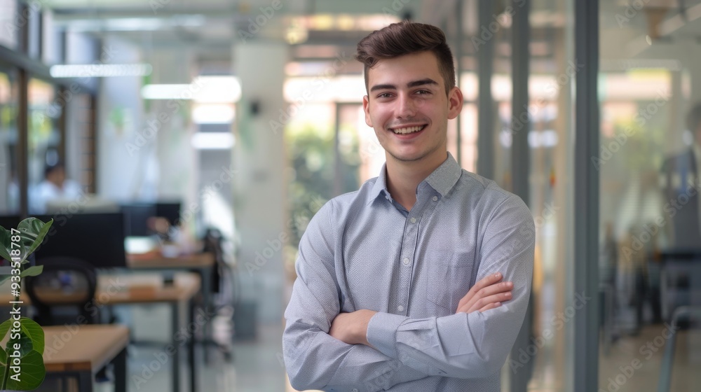 Smiling handsome businessman with crossed arms in modern office, young man exuding confidence, business success concept. Smiling handsome businessman with crossed arms in modern office, young man exuding confidence, business success concept.