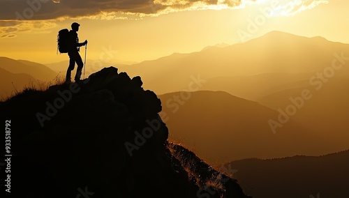 Silhouette of hiker on mountaintop at sunset.