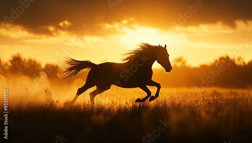 Horse running through field at sunset.