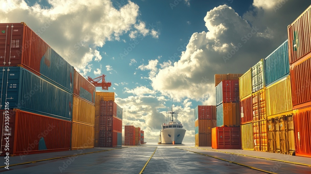 custom made wallpaper toronto digitalShipyard with stacked containers and distant ships, cloudy sky, 3D illustration 