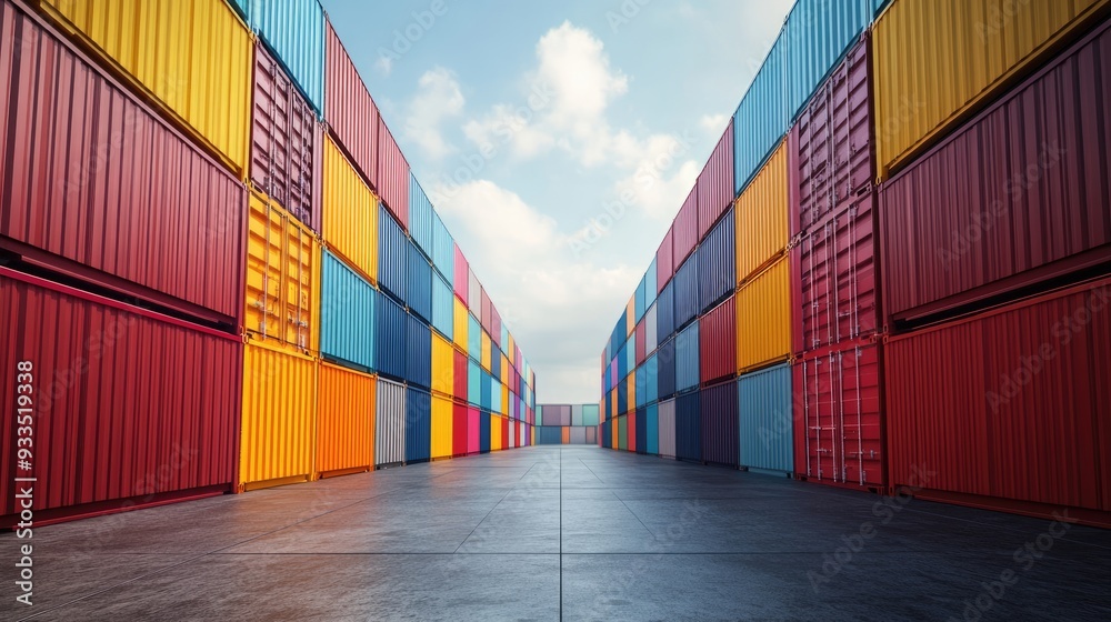 Fototapeta premium Stacked shipping containers, colorful arrangement in shipyard, 3D illustration