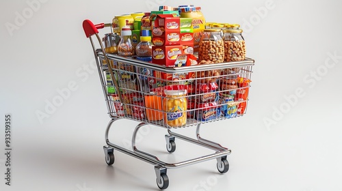a shopping cart full of groceries and products