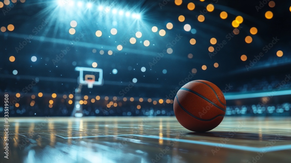 Obraz premium Basketball on the Court Under Stadium Lights