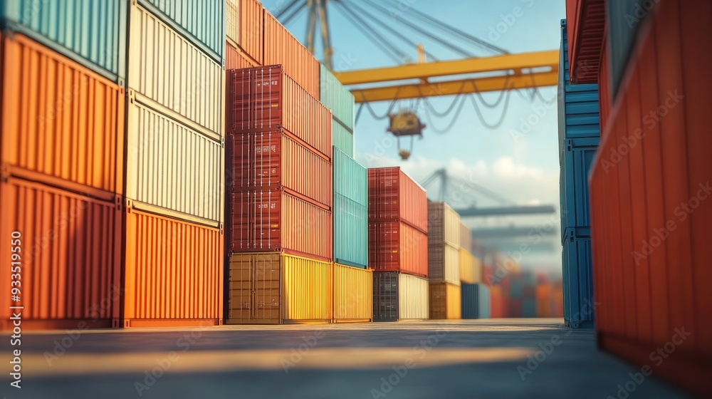 Fototapeta premium Stacked shipping containers with industrial cranes in background, 3D illustration 