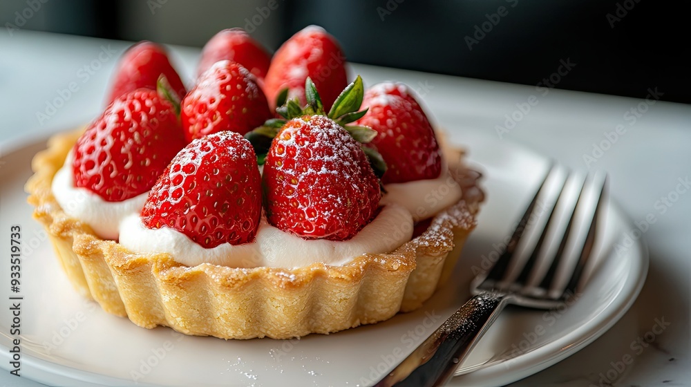 A perfectly baked tart filled with hop-flavored cream, garnished with vibrant red strawberries, served on a white plate with a fork beside it. A perfectly baked tart filled with hop-flavored cream, garnished with vibrant red strawberries, served on a white plate with a fork beside it.