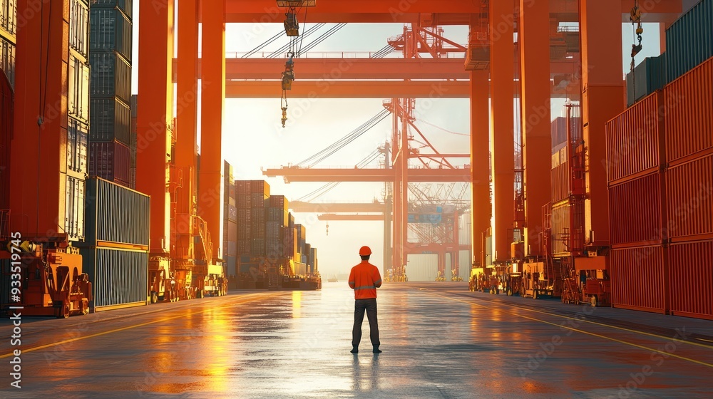 Fototapeta premium Worker operating crane in a container shipyard, shipping logistics, 3D illustration