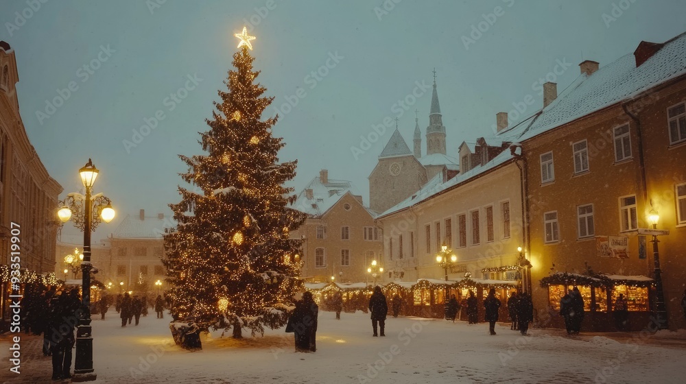 Obraz premium A picturesque Christmas scene in Tallinn's Town Hall Square, with the snow-covered square, festive lights, and a giant Christmas tree creating a warm holiday ambiance.