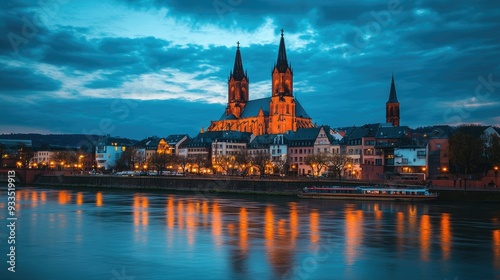 A picturesque evening scene of the Mainz Cathedral, with the cathedral illuminated by warm lights, and the sky painted in hues of blue and purple.