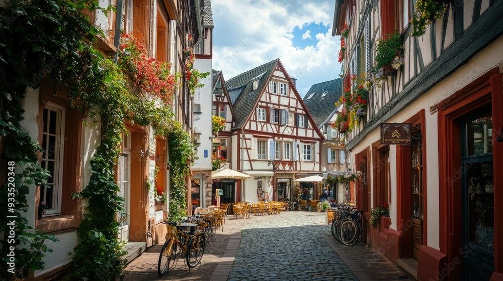 Fototapeta premium A picturesque view of Mainz's old city, with half-timbered houses, medieval architecture, and lively cafes nestled in the heart of this historic German town.