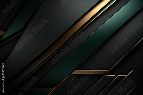 Abstract black, green, and gold diagonal lines background.