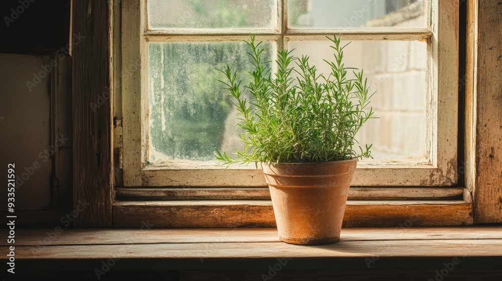 Fototapeta premium A rustic kitchen windowsill adorned with a thriving potted rosemary plant, capturing the essence of organic home gardening.