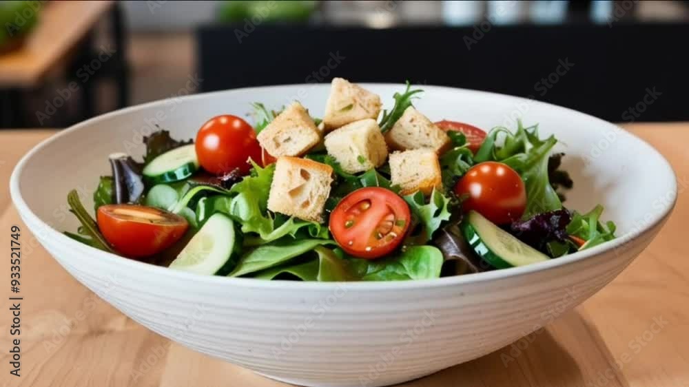 A fresh mix of greens, cherry tomatoes, and cucumber, topped with croutons and a light vinaigrette, sitting in a minimalist white bowl with a subtle ceramic texture, surrounded by a blurred healthy ca A fresh mix of greens, cherry tomatoes, and cucumber, topped with croutons and a light vinaigrette, sitting in a minimalist white bowl with a subtle ceramic texture, surrounded by a blurred healthy ca