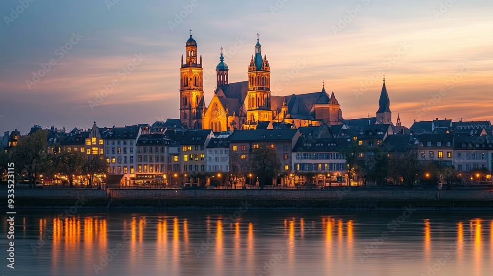 A serene evening at the Mainz Cathedral in Germany, with the cathedral illuminated by warm lights, and the sky transitioning from day to night.