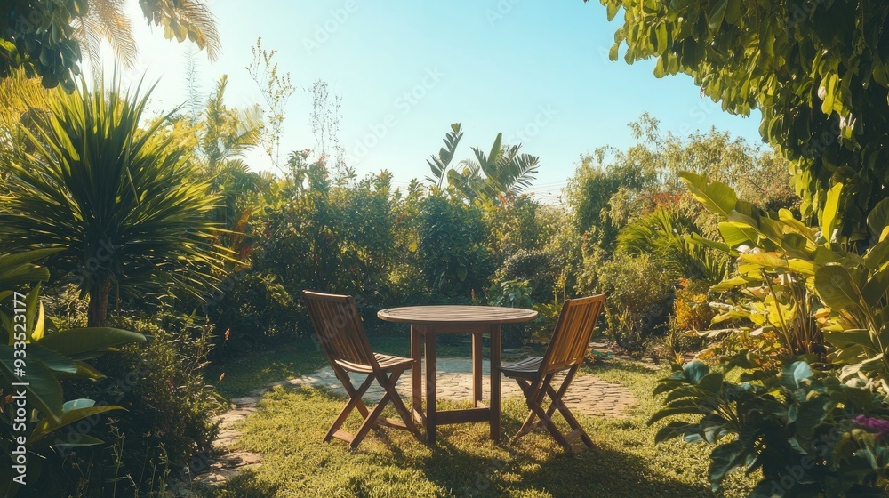 A serene garden with a wooden table and chairs, surrounded by lush greenery, under a cloudless blue sky. Sunlight casts soft shadows. A serene garden with a wooden table and chairs, surrounded by lush greenery, under a cloudless blue sky. Sunlight casts soft shadows.