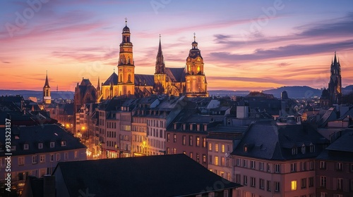 A serene evening at the Mainz Cathedral in Germany, with the cathedral illuminated by warm lights, and the sky transitioning from day to night.
