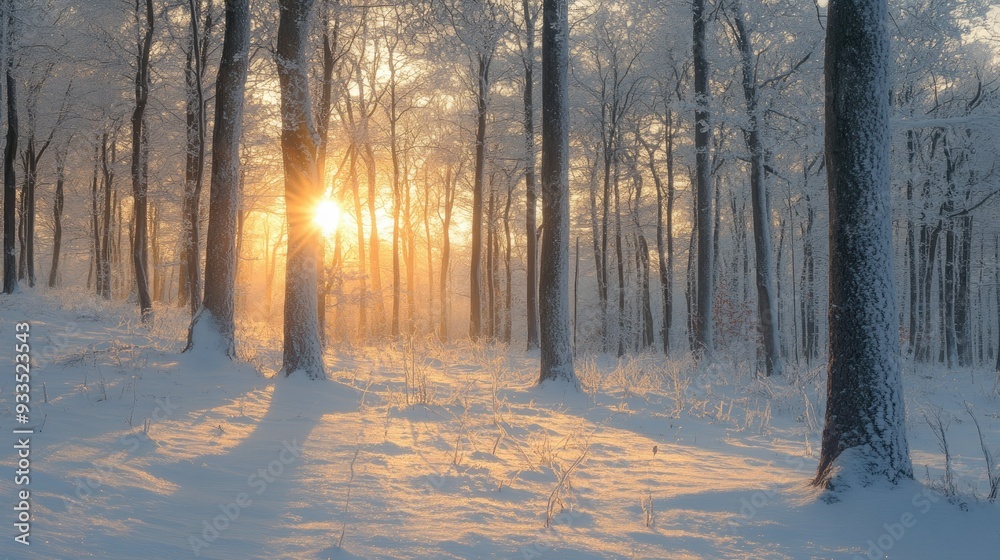 A serene winter forest in Bieszczady, with snow-covered trees and a breathtaking sunset casting warm light over the snow. A serene winter forest in Bieszczady, with snow-covered trees and a breathtaking sunset casting warm light over the snow.
