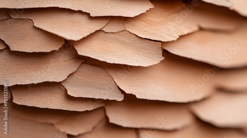 Macro shot of shagbark hickory bark, featuring detailed strips peeling away, showcasing its coarse texture and natural character photo