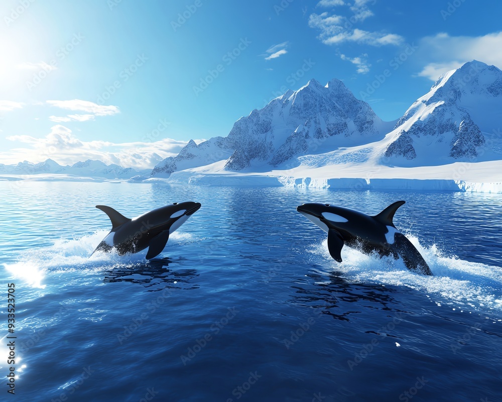 Fototapeta premium Two orcas leap gracefully from the serene waters, framed by stunning icy mountains under a bright sky.