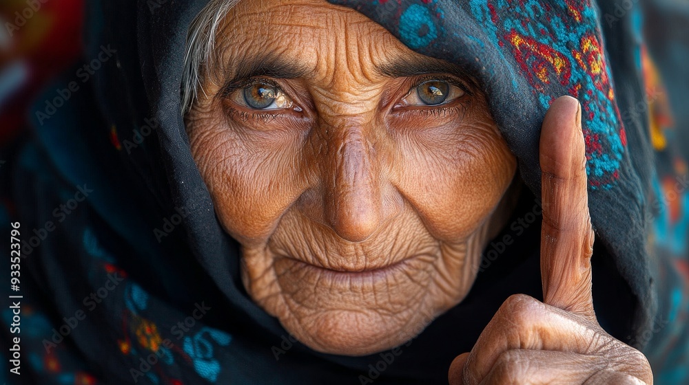 The elderly woman wearing a dark scarf looked straight at the audience with a sly and intelligent gaze, a mysterious smile, and raised fingers symbolizing the secret she was about to reveal.