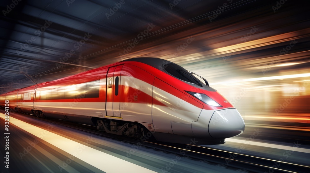 High speed train in motion on the railway station at sunset. Neural network ai generated art High speed train in motion on the railway station at sunset. Neural network ai generated art