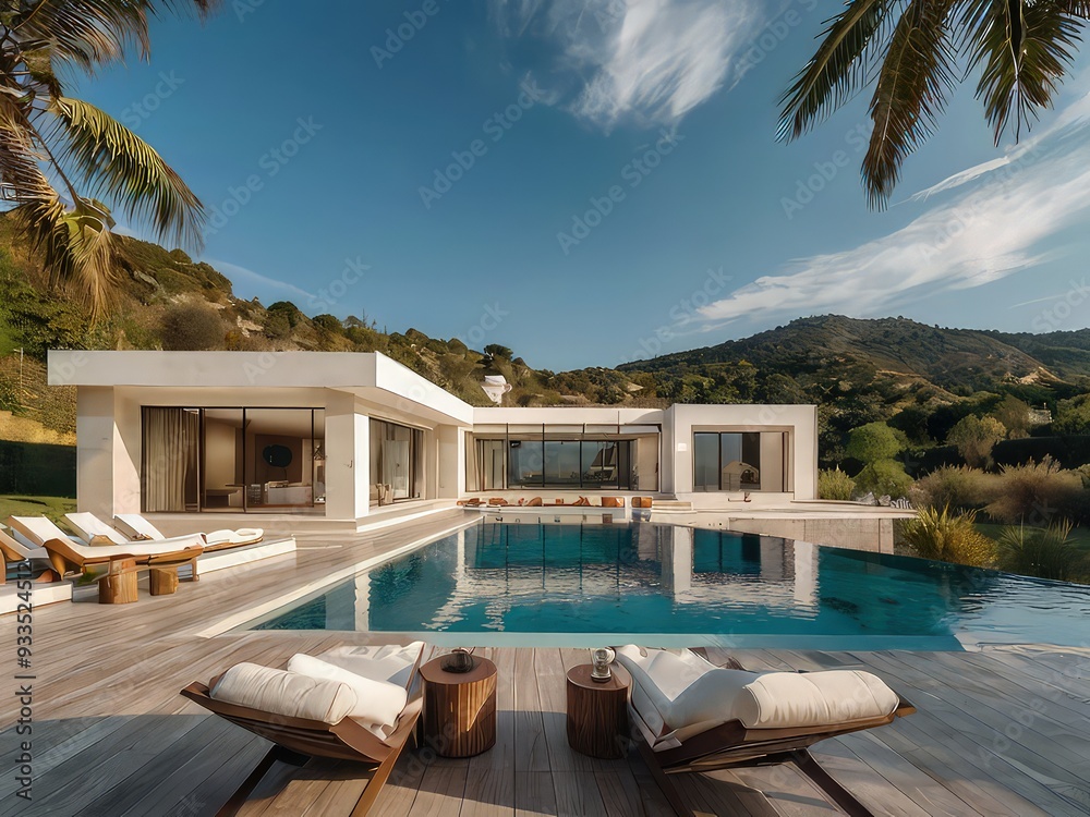 Fototapeta premium Traditional mediterranean white house with pool,Modern backyard of a swimming pool with house,Trendy outdoor modern house, awning and patio roof, garden lounge, chairs, metal grill surrounded by lands