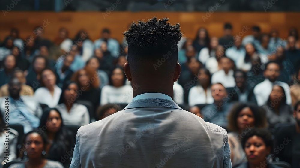 Business Leader Addressing Employees at Company wide Meeting Fostering Motivation and Unity Business Leader Addressing Employees at Company wide Meeting Fostering Motivation and Unity