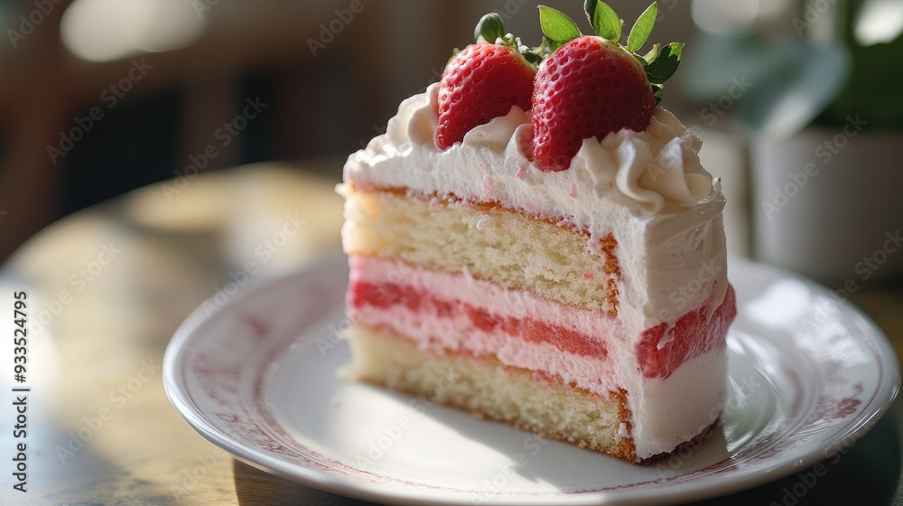 A single slice of strawberry cake on a plate, topped with a strawberry and whipped cream, ready to be enjoyed. A single slice of strawberry cake on a plate, topped with a strawberry and whipped cream, ready to be enjoyed.