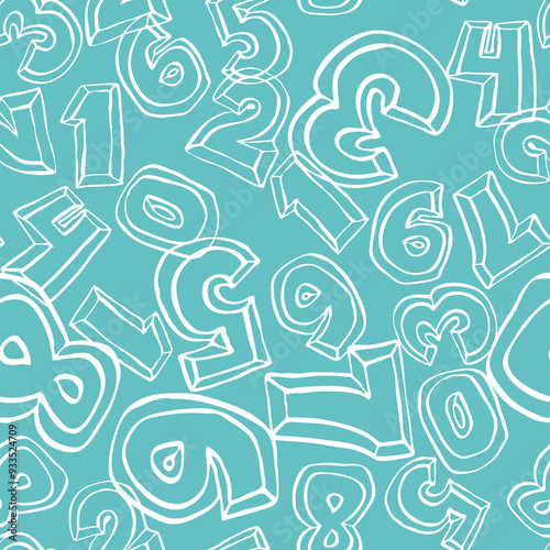 Hand drawn numbers seamless vector pattern for digital background, wallpaper and textile print. Cartoon style drawing. Education and finance theme, school lettering mathematic.