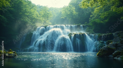 Serene Waterfall Cascading Through Lush Green Forest