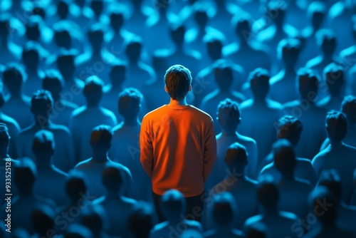 A solitary person dressed in an orange shirt stands out prominently in a sea of blue-clad individuals, symbolizing individuality and uniqueness in a crowd.