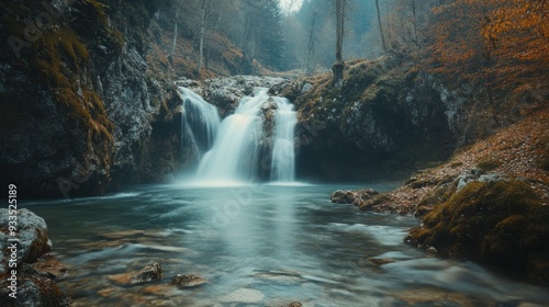 Serene Waterfall in an Autumnal Forest