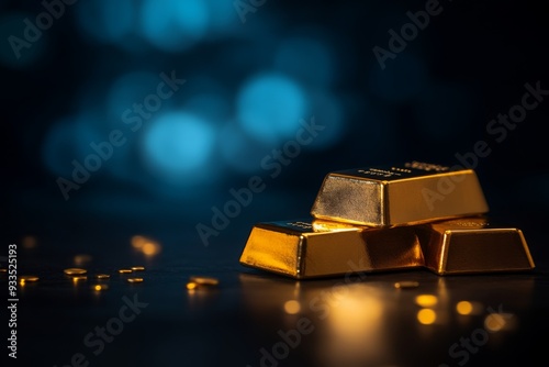 Several gold bars are displayed on a dark surface with a beautiful bokeh effect in the background, symbolizing opulence and the allure of wealth.