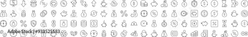 Piggy Bank, Dollar, Coin, Percent Line Icon Collection. Editable Stroke. Minimalistic Linear Pictogram for Design of Cards, Apps, Banners, Posts