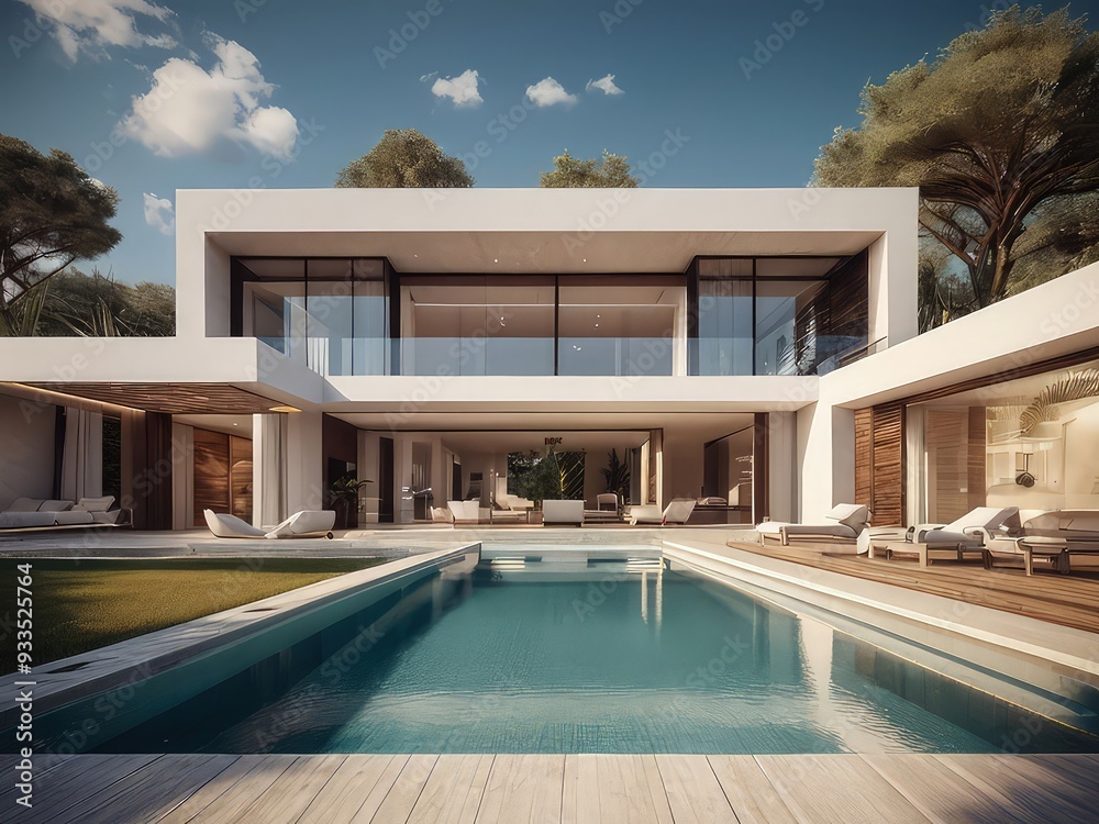 Fototapeta premium Traditional mediterranean white house with pool,Modern backyard of a swimming pool with house,Trendy outdoor modern house, awning and patio roof, garden lounge, chairs, metal grill surrounded by lands