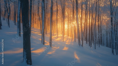 A snowy winter forest in Bieszczady, Poland, with the golden hues of a sunset illuminating the serene landscape.