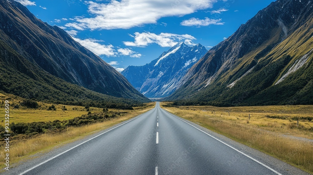 Fototapeta premium A straight road through a valley, flanked by towering mountains, with a pristine blue sky overhead.