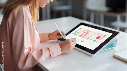 Female student hands typing on a keyboard on digital tablet with a stylus, White and clean learning space, emphasizing the interactive aspects of online learning.