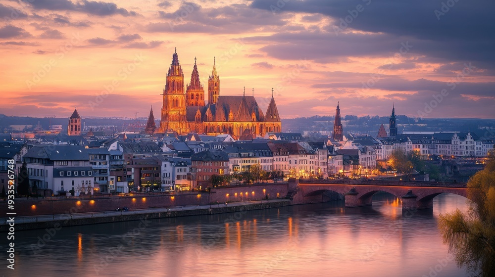 Obraz premium A stunning evening view of the Mainz Cathedral, with the cathedral glowing against a twilight sky, and the surrounding city bathed in soft, warm light.