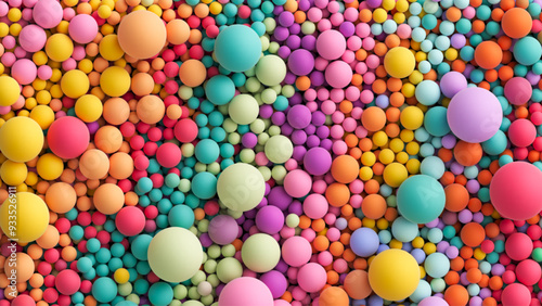 Many bright random pastel colored soft balls background. Colorful balls background for kids zone or children's playroom. Top view of huge pile of colorful balls in different sizes. Vector illustration