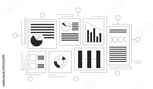 Company accounting documents black and white 2D line object. Marketing statistics isolated vector outline item. Job performance. Financial profit graphs pie charts monochromatic flat spot illustration photo