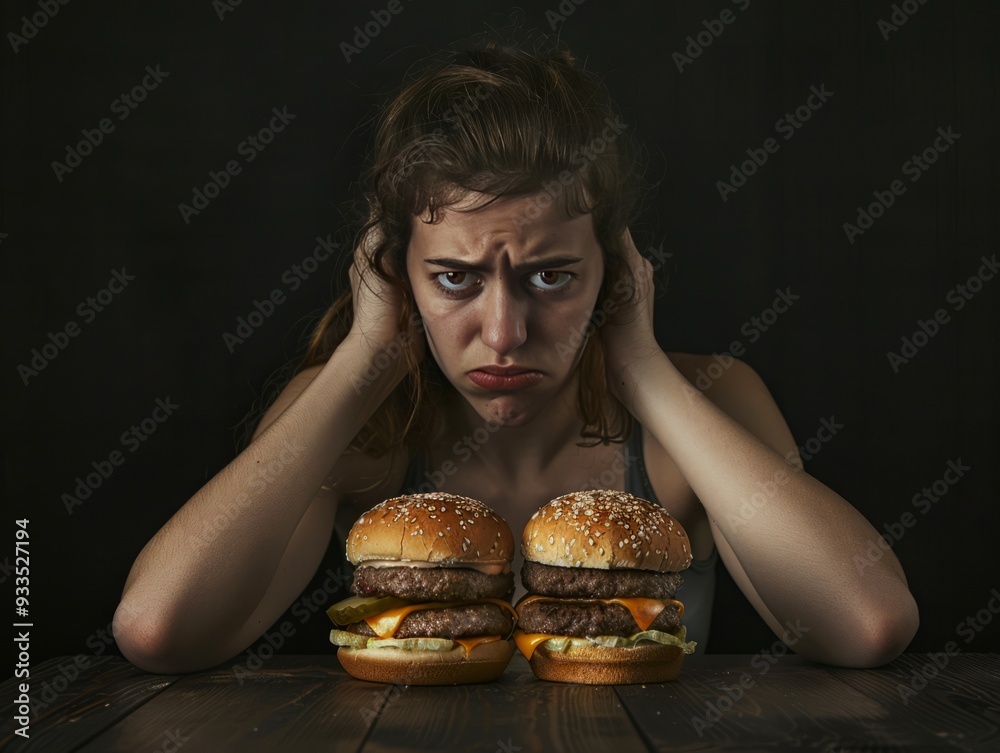 The image shows a young woman with long hair sitting at a table, holding a burger in each hand, looking distressed and overwhelmed. The image shows a young woman with long hair sitting at a table, holding a burger in each hand, looking distressed and overwhelmed.