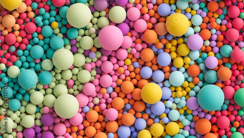 Many bright random pastel colored soft balls background. Colorful balls background for kids zone or children's playroom. Top view of huge pile of colorful balls in different sizes. Vector illustration