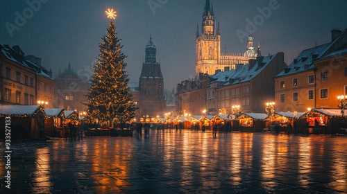 A stunning winter night in Krakow, Poland, with a festive Christmas tree standing tall in front of the Cloth Hall on the Main Market Square, glowing with holiday cheer.