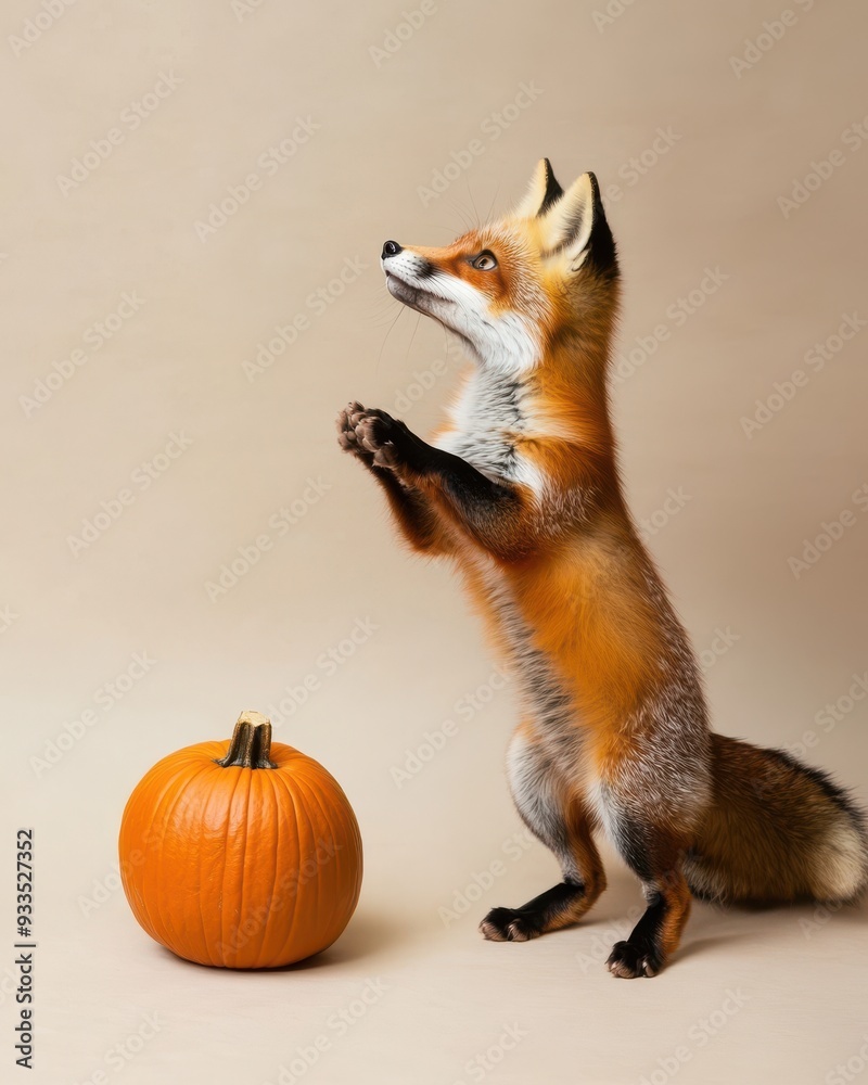 Obraz premium Fox standing on its hind legs next to a small pumpkin on a beige background