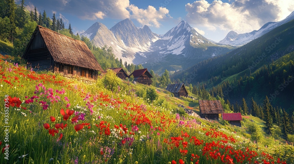 A summer landscape of the Tatra Mountains, showcasing vibrant wildflowers, traditional cottages, and the beauty of Gasienicowa Valley. A summer landscape of the Tatra Mountains, showcasing vibrant wildflowers, traditional cottages, and the beauty of Gasienicowa Valley.