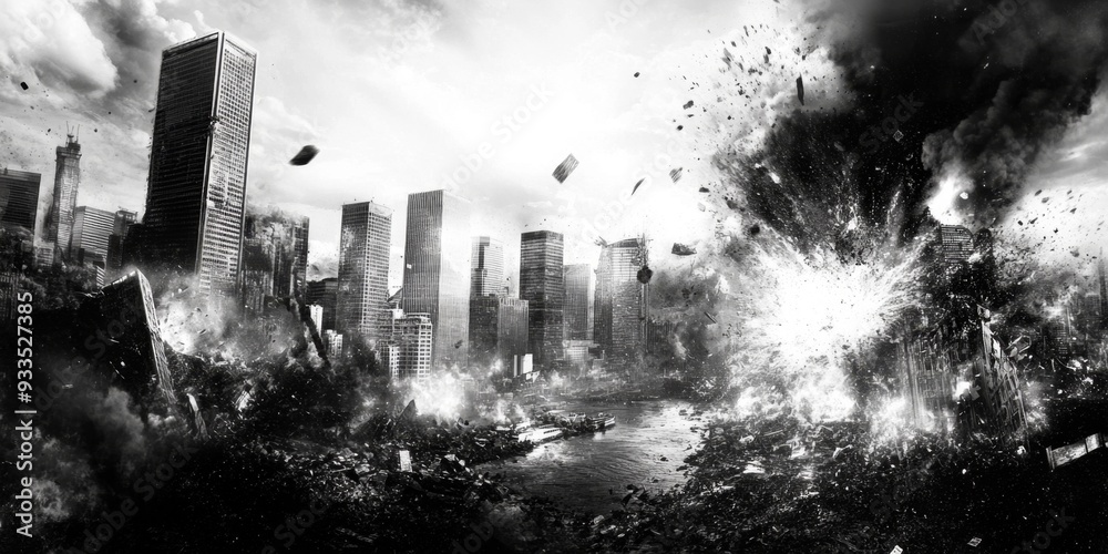 Abstract Urban Destruction: Minimalist Black and White Representation of Modern Skyscraper Under Attack. Conceptual Art for Graphic Design, UI, Web Posters, and 4K Wallpapers. Elegant Composition with