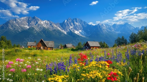 A summer scene of the Tatra Mountains with vibrant wildflowers and traditional cottages in Gasienicowa Valley, under a clear blue sky.