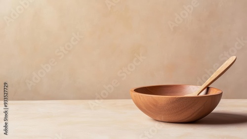 Simple wooden bowl with a spoon, placed on a neutraltoned table, embodying the beauty of simplicity